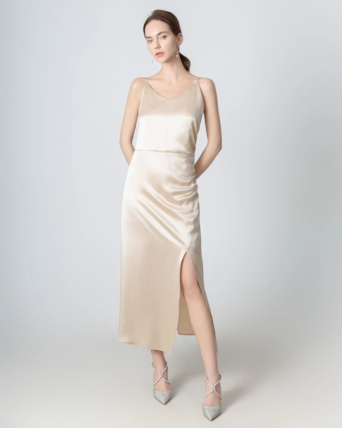 V-neck Pleated Slit Maxi Silk Dress, Champagne