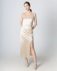 V-neck Pleated Slit Maxi Silk Dress, Champagne