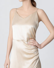V-neck Pleated Slit Maxi Silk Dress, Champagne