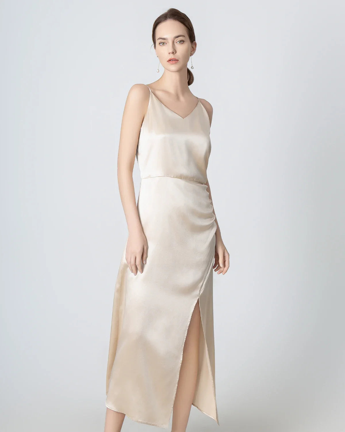 V-neck Pleated Slit Maxi Silk Dress, Champagne