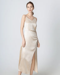 V-neck Pleated Slit Maxi Silk Dress, Champagne