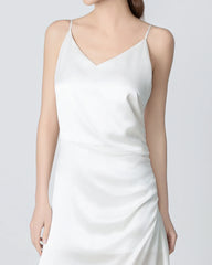 V-neck Pleated Slit Maxi Silk Dress, White