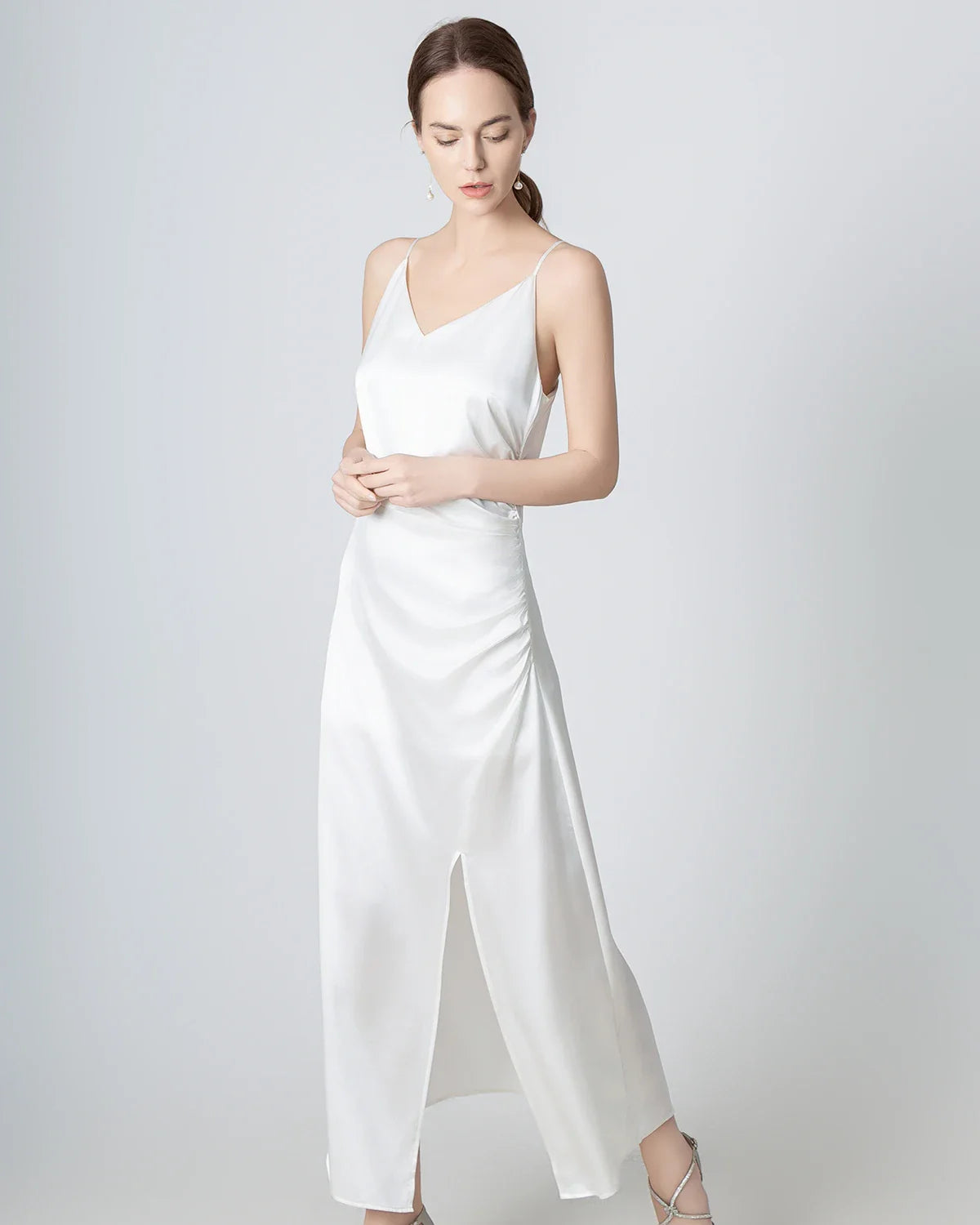 V-neck Pleated Slit Maxi Silk Dress, White