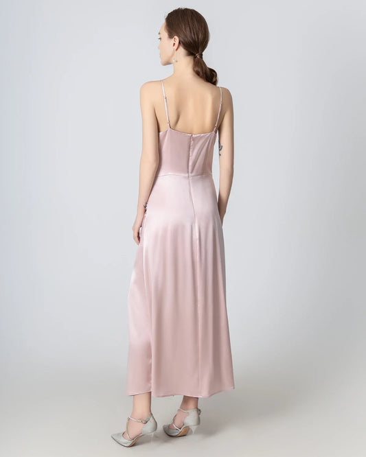 V-neck Pleated Slit Maxi Silk Dress, Pink