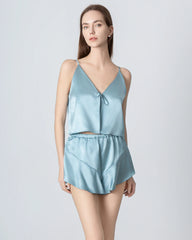V-neck Short Camisole Silk Pajama Set, Haze Blue