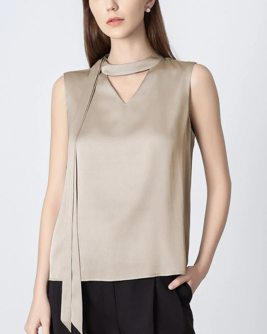 V-neck Tie Front Sleeveless Silk Blouse