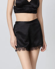 Women Black Silk Pajama Shorts with Lace Trim, Black