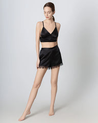 Women Black Silk Pajama Shorts with Lace Trim, Black