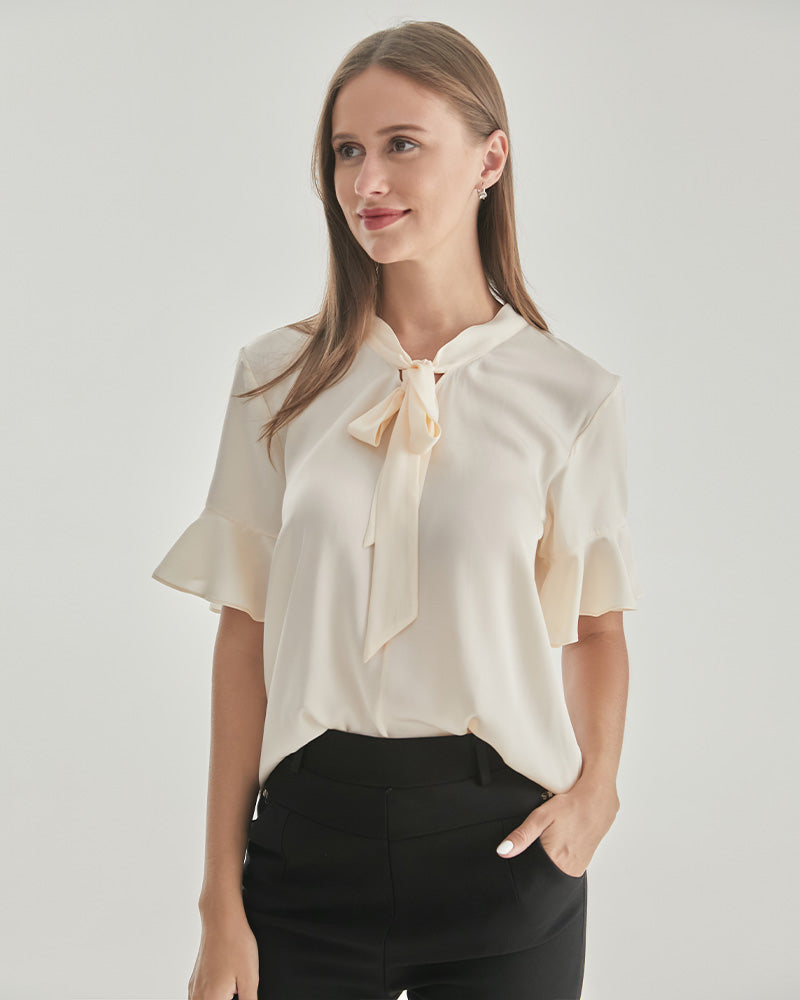 Women Bow-tie Neck Silk Blouse