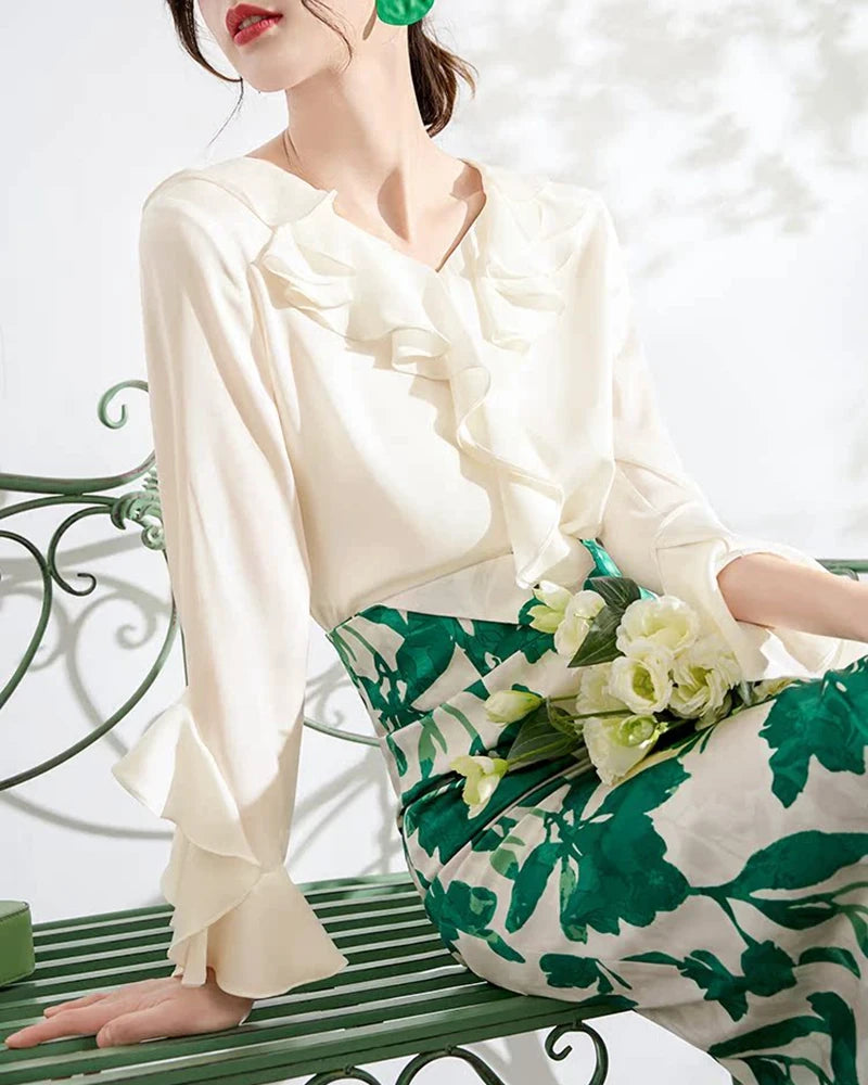 Women's Silk Ruffle Blouse, Cream