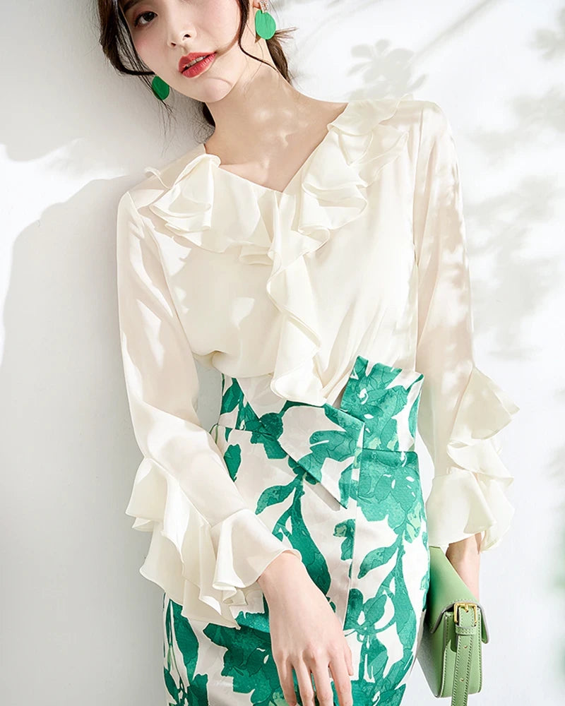 Women's Silk Ruffle Blouse, Cream