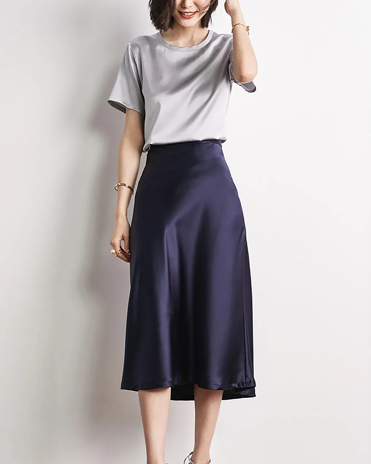 Women's Short Sleeve Silk Blouse Grey