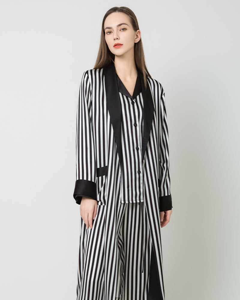 Women's Silk Satin Black And White Striped Long Robe - DAISYSILK UK