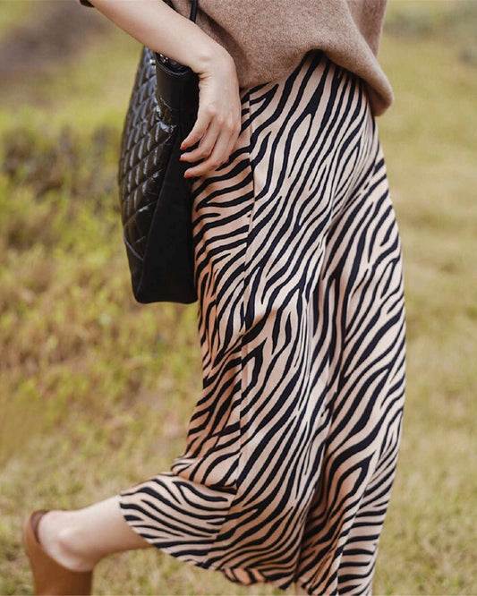 Women's Zebra Print Midi Silk Skirt, Black And White