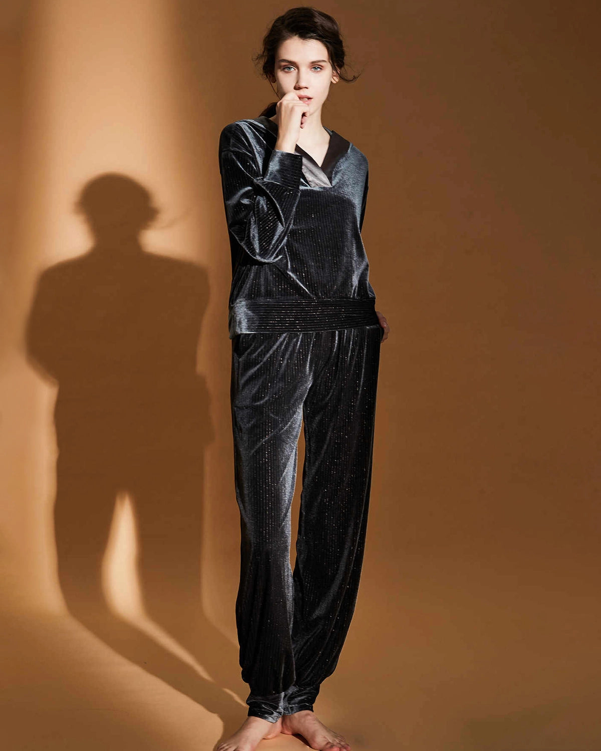 Silk Velvet Hooded Pajama Set, Black