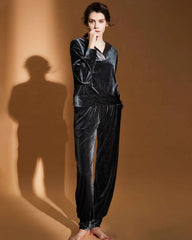 Silk Velvet Hooded Pajama Set, Black