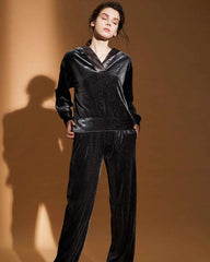 Silk Velvet Hooded Pajama Set, Black