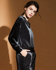 Silk Velvet Hooded Pajama Set, Black