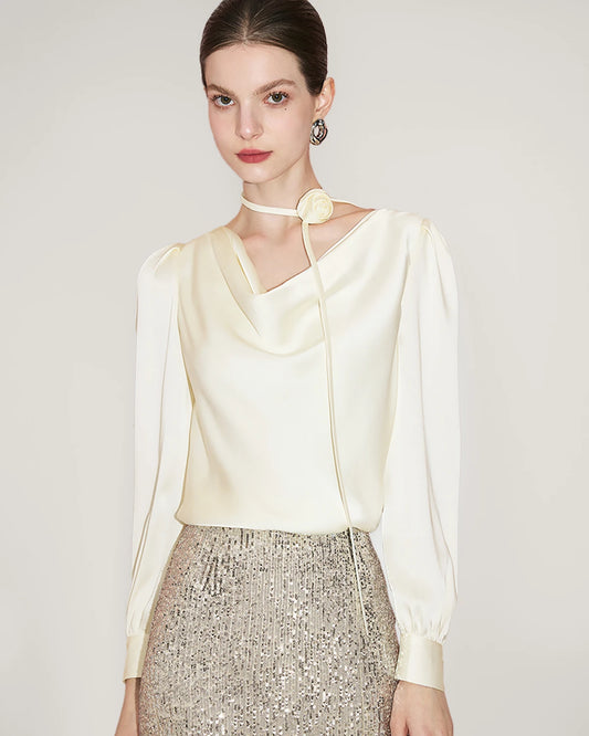 Elegant Draped Collar Silk Blouse