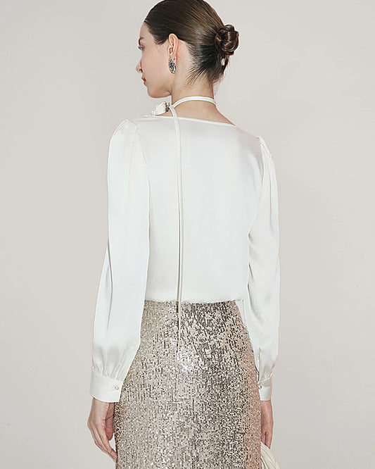 Elegant Draped Collar Silk Blouse