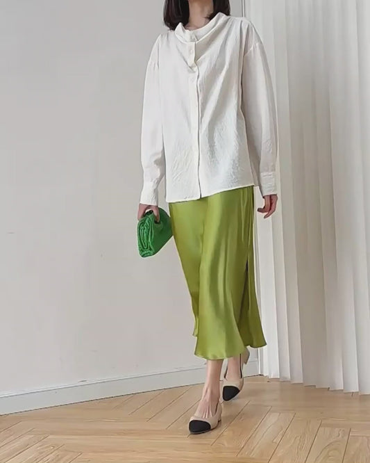 22 Momme Silk Midi Skirt, Mustard Green